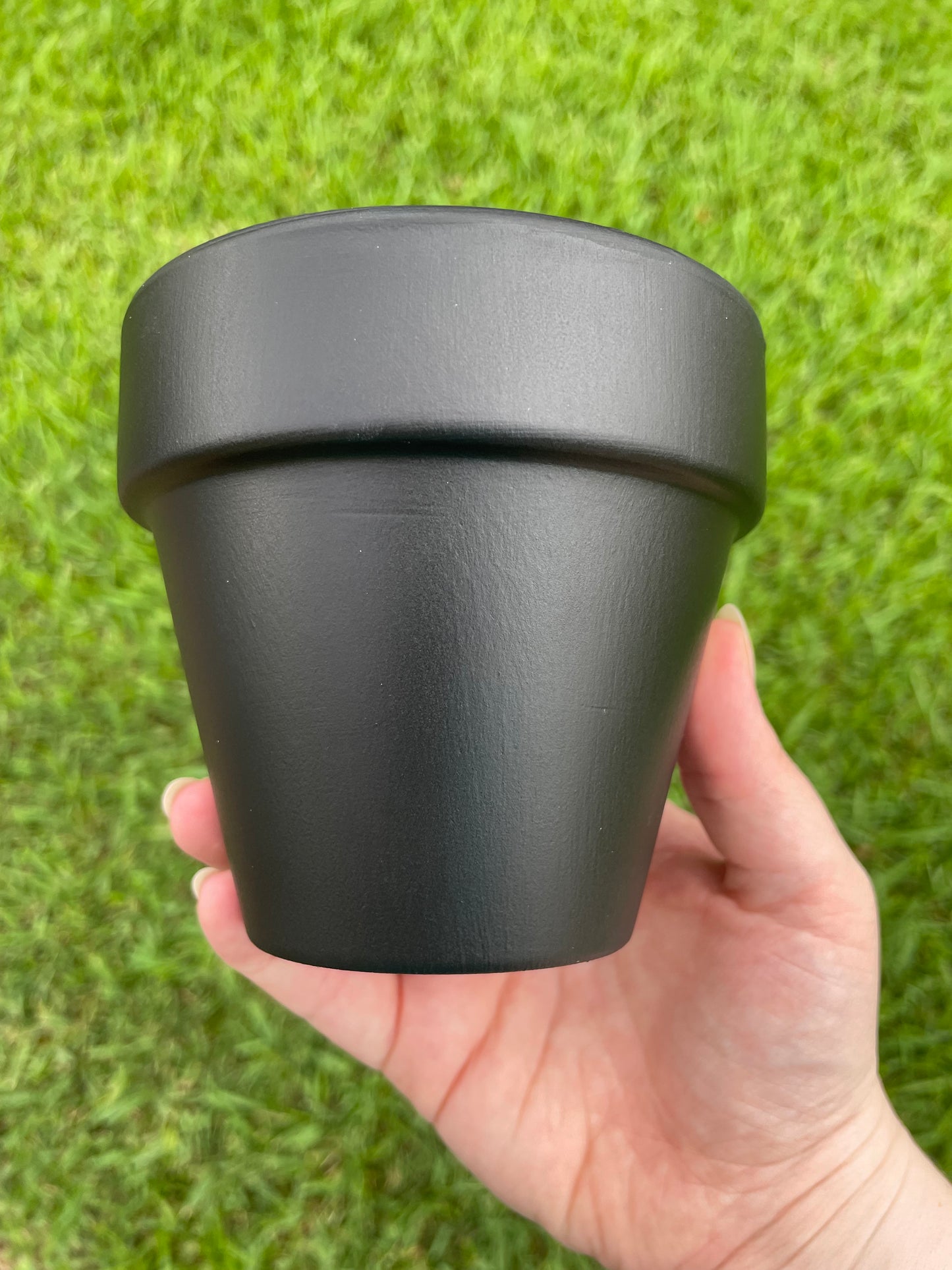 4-inch terracotta pot decorated with hand-painted Monarch butterflies and daisies.