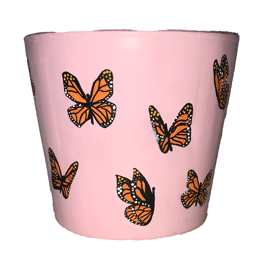 5-inch pink terracotta pot featuring hand-painted Monarch butterflies.