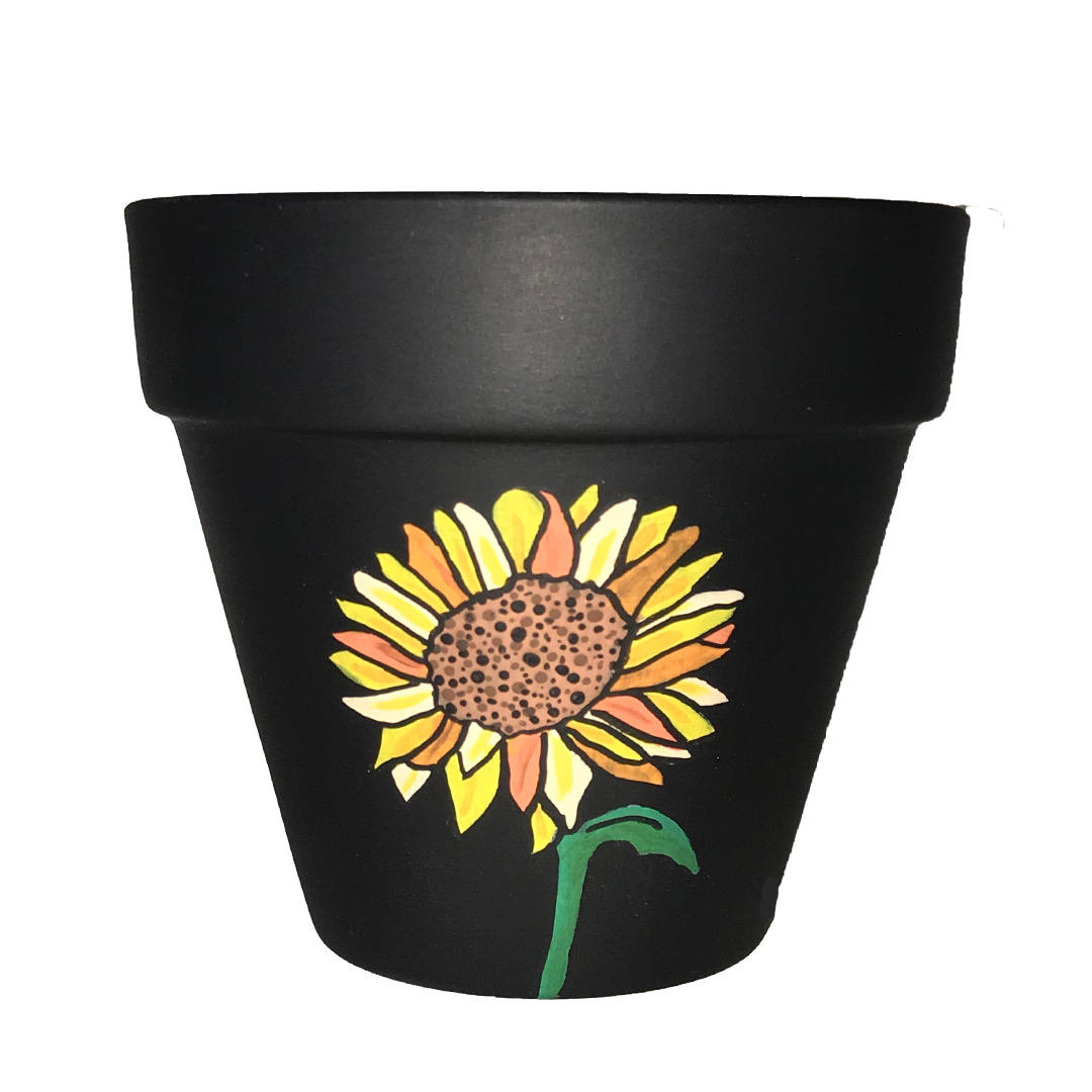 4-inch matte black terracotta pot adorned with hand-painted sunflowers.