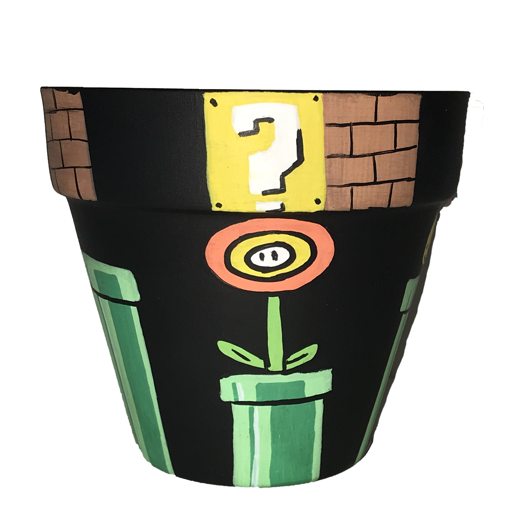 Hand-painted terracotta pot featuring a vibrant Super Mario-themed design, complete with iconic elements from the game.