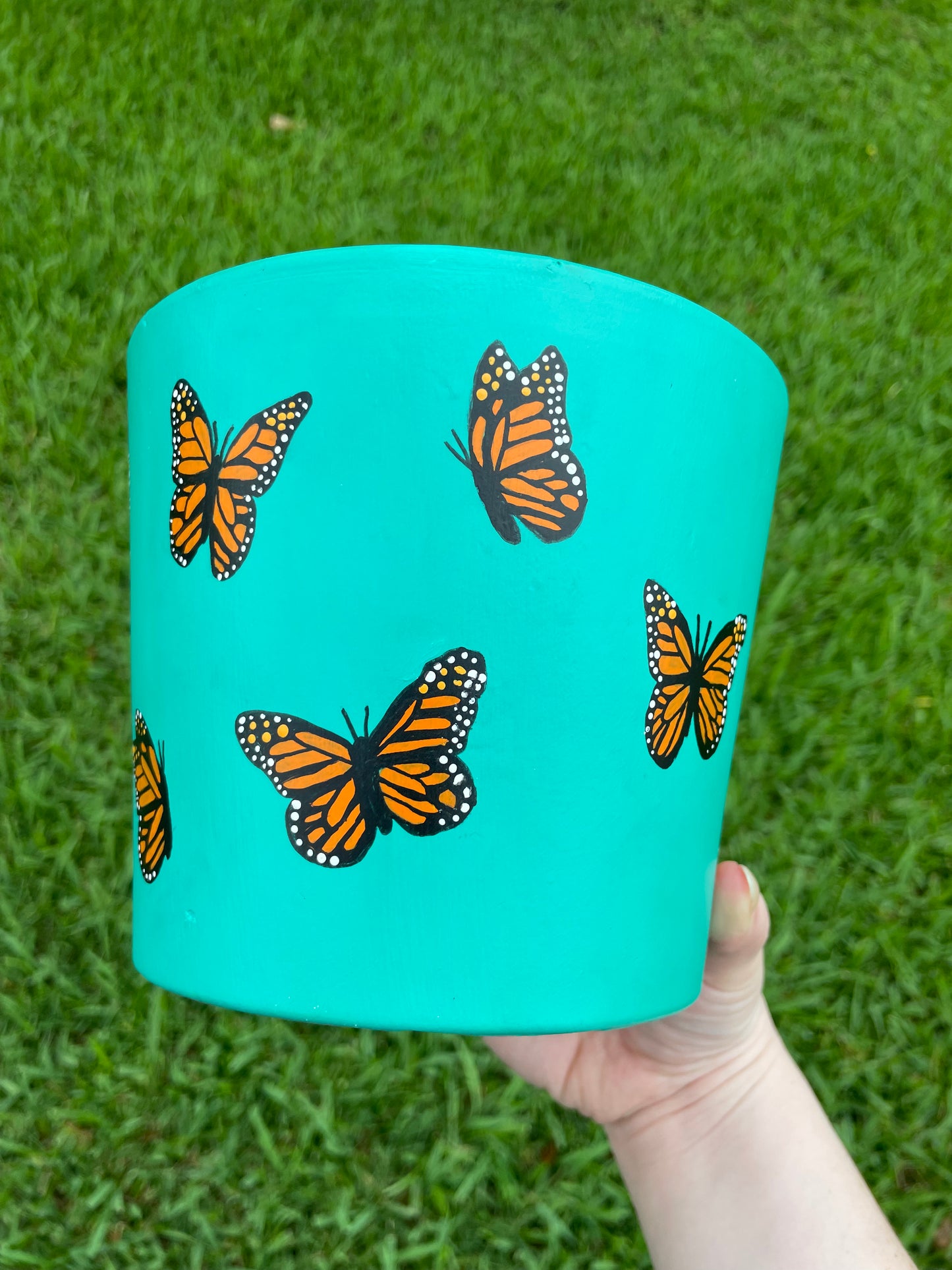 Turquoise Flower Pot with Monarch Butterflies