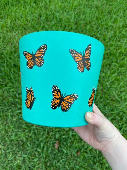 Turquoise Flower Pot with Monarch Butterflies