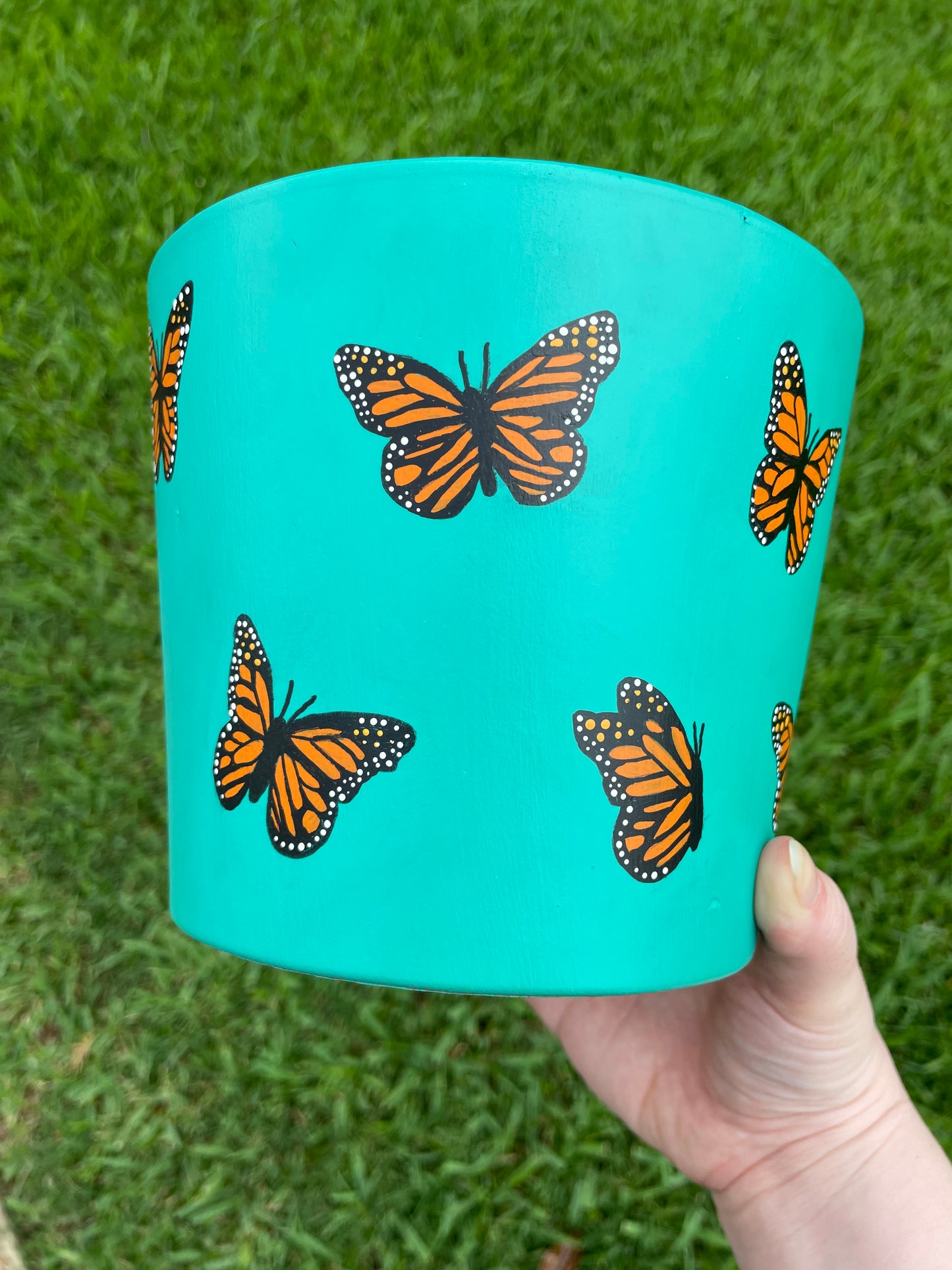 Turquoise Flower Pot with Monarch Butterflies