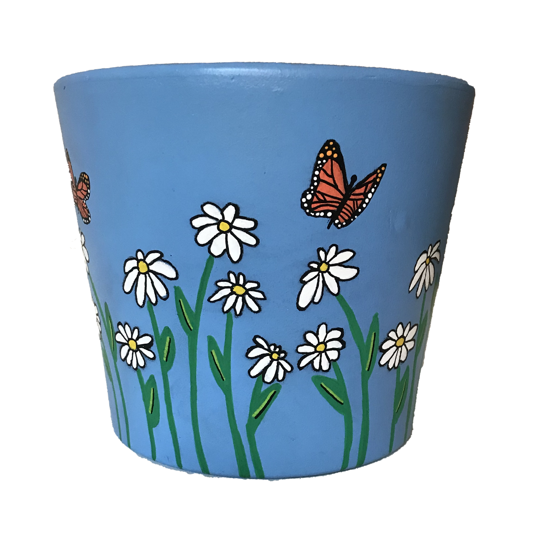 6.5-inch terracotta pot adorned with hand-painted butterflies and daisies, creating a vibrant garden scene.