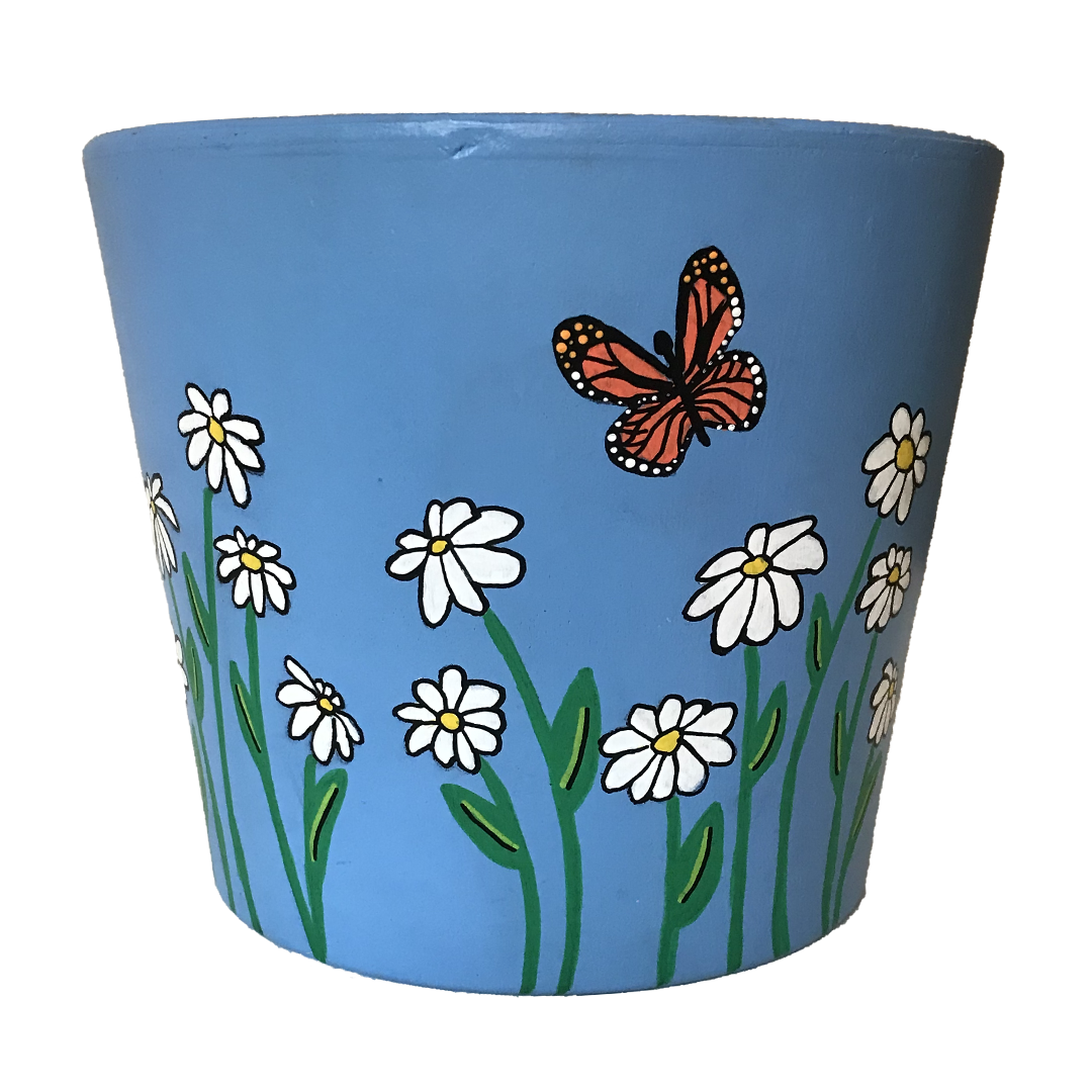 6.5-inch terracotta pot adorned with hand-painted butterflies and daisies, creating a vibrant garden scene.