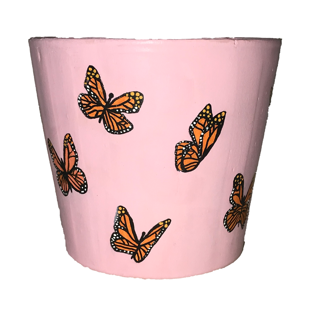 5-inch pink terracotta pot featuring hand-painted Monarch butterflies.