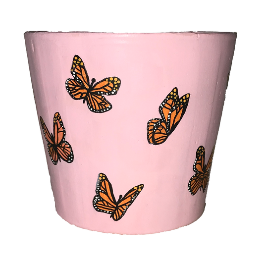 5-inch pink terracotta pot featuring hand-painted Monarch butterflies.