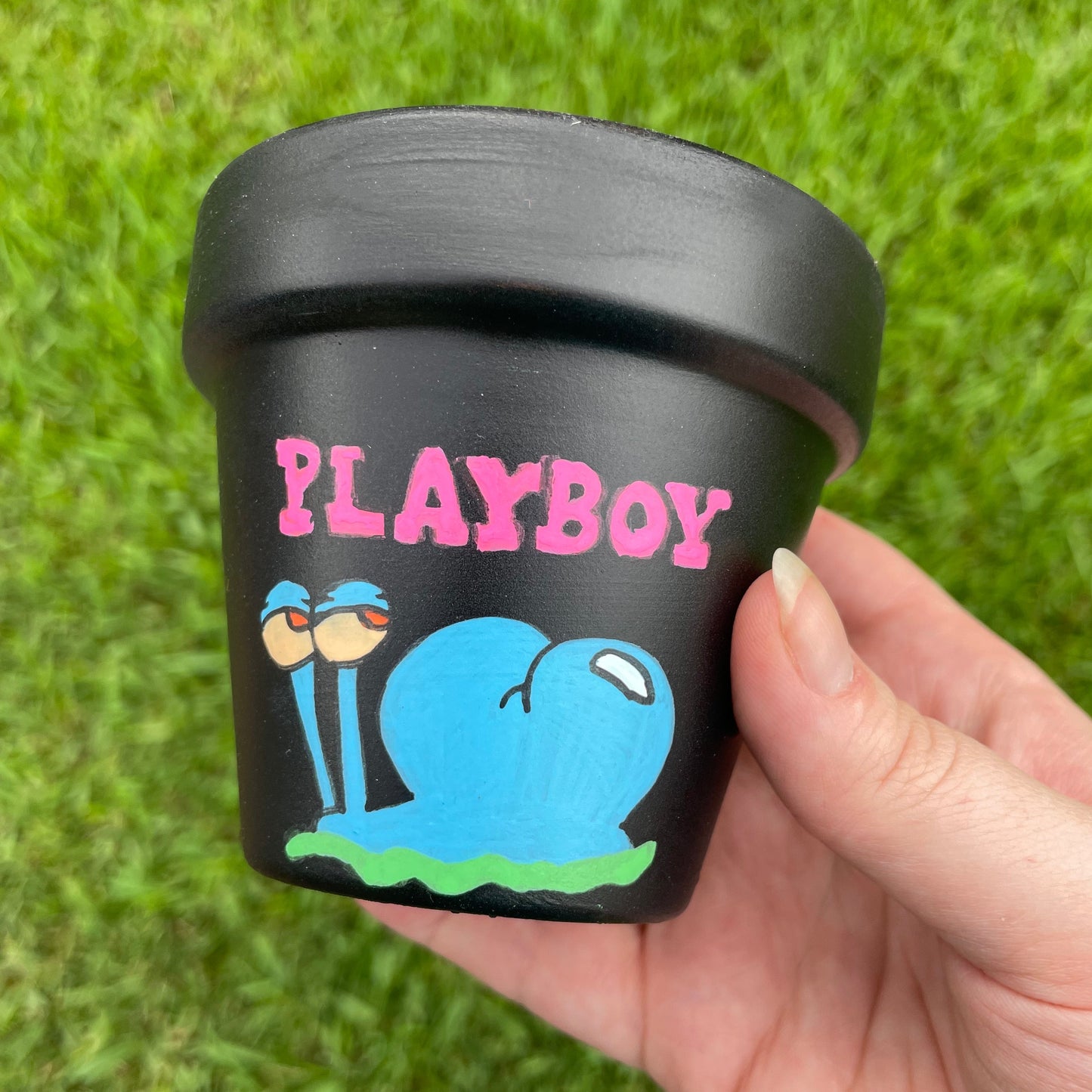 3-inch matte black terracotta pot with a hand-painted 'Playboy Gary' design