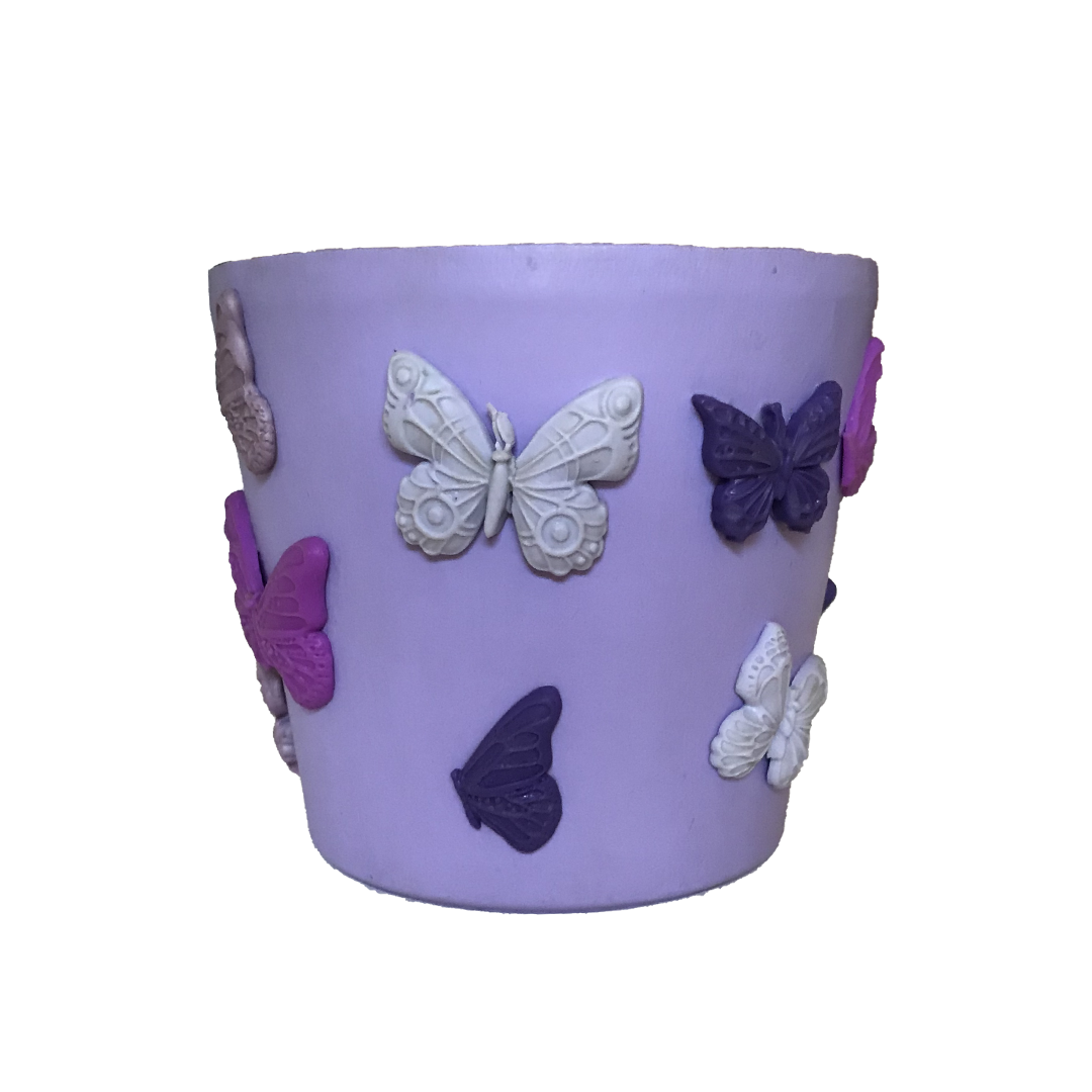 5-inch purple terracotta pot adorned with hand-painted designs and 3D clay butterflies.
