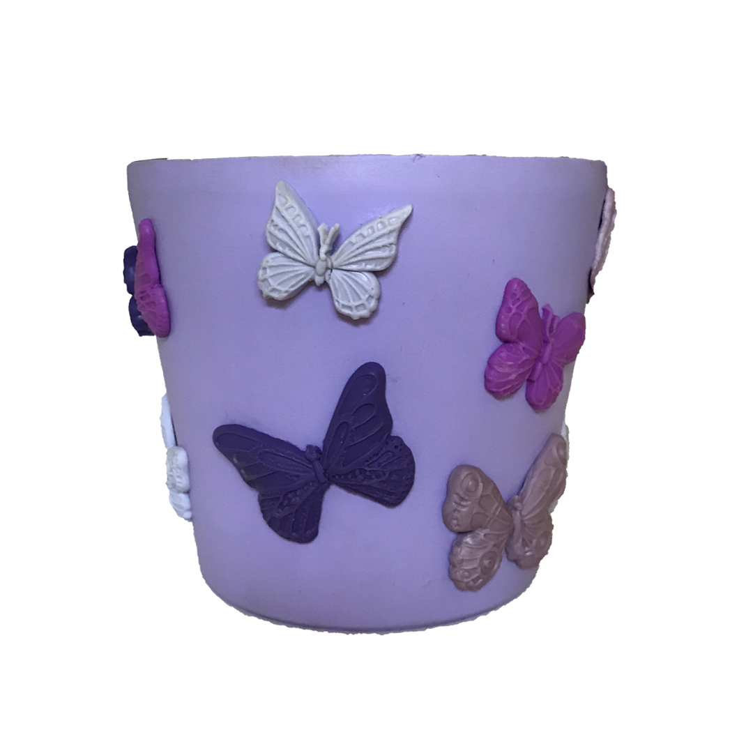 5-inch purple terracotta pot adorned with hand-painted designs and 3D clay butterflies.