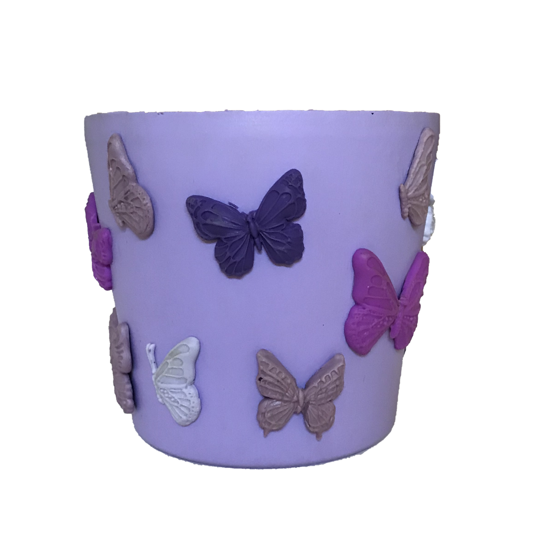 5-inch purple terracotta pot adorned with hand-painted designs and 3D clay butterflies.