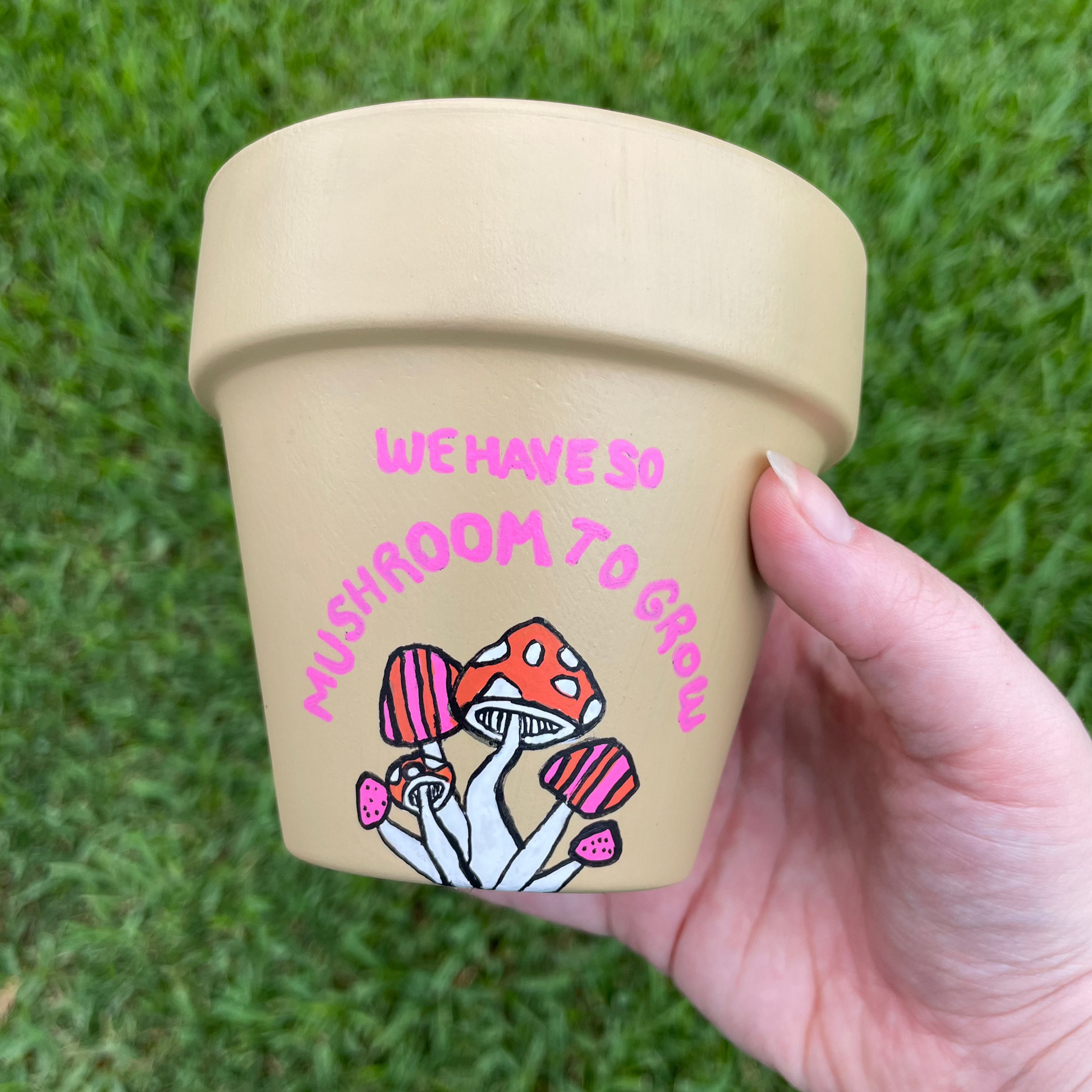 Hand-painted terracotta pot featuring a whimsical mushroom design wrapping around 180 degrees